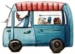 a blue truck with a red roof and a man in the back.jpg